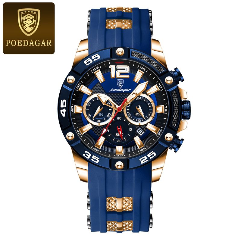 POEDAGAR Swiss Men's Chronograph Watches - Waterproof Silicone Strap with Date Window & Triple Sub-Dials Sporty Black Case Quartz Watch