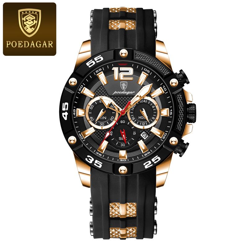 POEDAGAR Swiss Men's Chronograph Watches - Waterproof Silicone Strap with Date Window & Triple Sub-Dials Sporty Black Case Quartz Watch