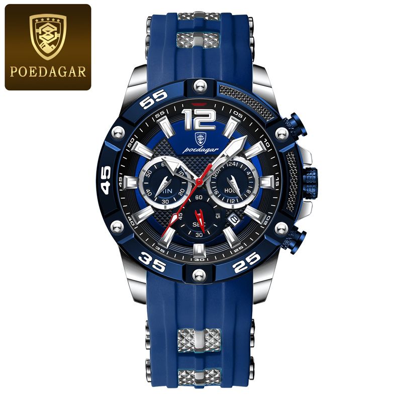 POEDAGAR Swiss Men's Chronograph Watches - Waterproof Silicone Strap with Date Window & Triple Sub-Dials Sporty Black Case Quartz Watch