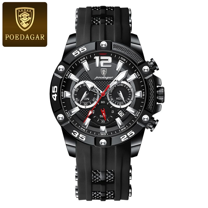 POEDAGAR Swiss Men's Chronograph Watches - Waterproof Silicone Strap with Date Window & Triple Sub-Dials Sporty Black Case Quartz Watch