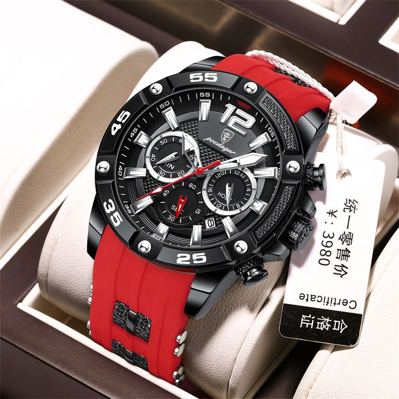 POEDAGAR Swiss Men's Chronograph Watches - Waterproof Silicone Strap with Date Window & Triple Sub-Dials Sporty Black Case Quartz Watch
