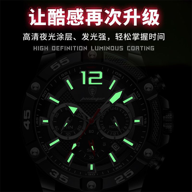 POEDAGAR Swiss Men's Chronograph Watches - Waterproof Silicone Strap with Date Window & Triple Sub-Dials Sporty Black Case Quartz Watch