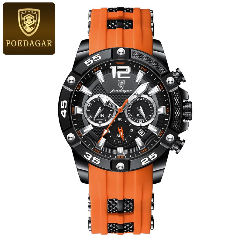 POEDAGAR Swiss Men's Chronograph Watches - Waterproof Silicone Strap with Date Window & Triple Sub-Dials Sporty Black Case Quartz Watch