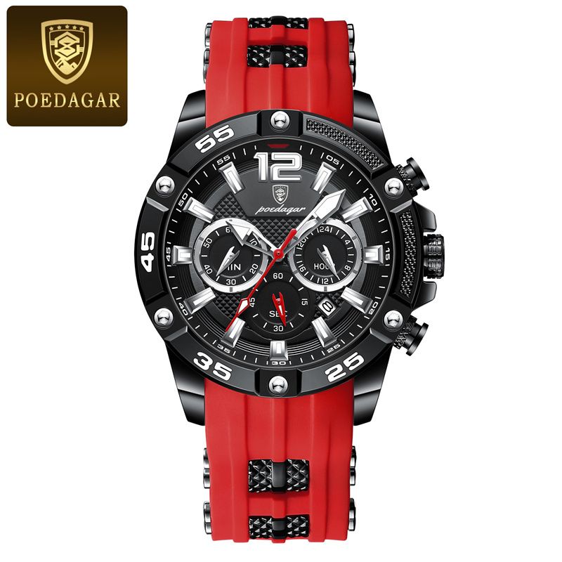 POEDAGAR Swiss Men's Chronograph Watches - Waterproof Silicone Strap with Date Window & Triple Sub-Dials Sporty Black Case Quartz Watch