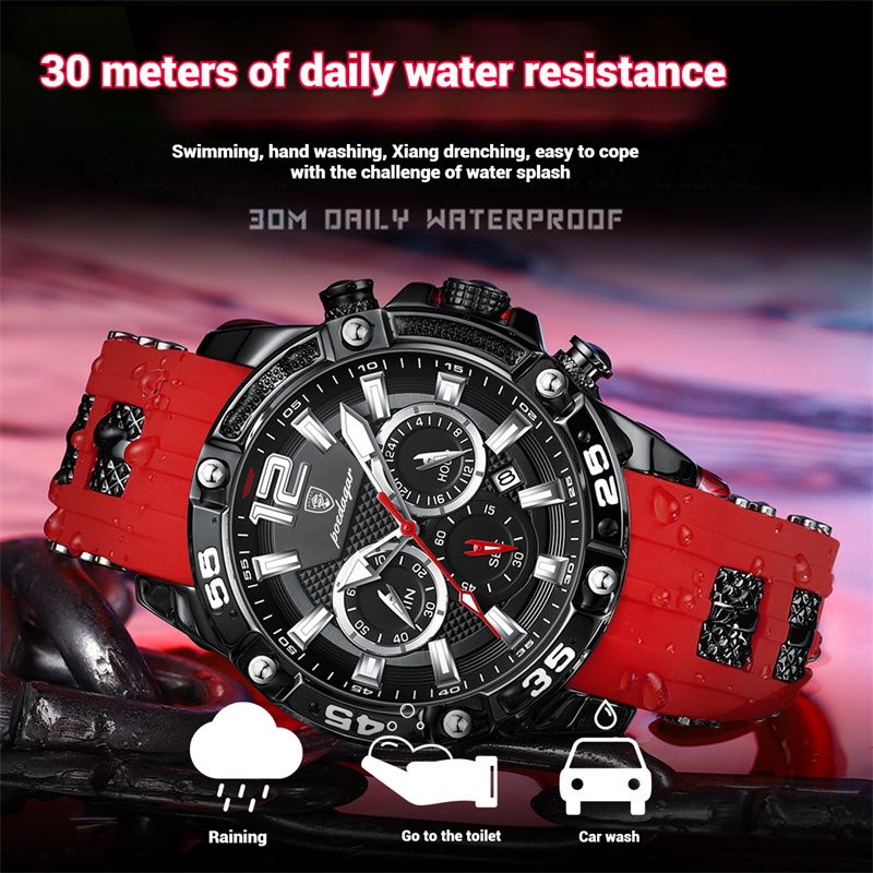 POEDAGAR Swiss Men's Chronograph Watches - Waterproof Silicone Strap with Date Window & Triple Sub-Dials Sporty Black Case Quartz Watch
