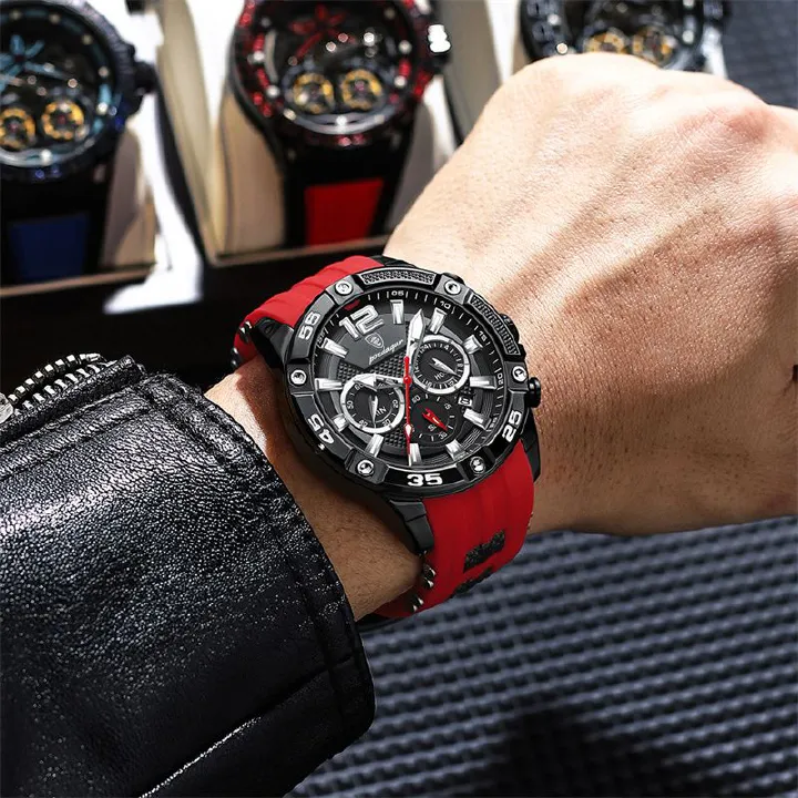 POEDAGAR Swiss Men's Chronograph Watches - Waterproof Silicone Strap with Date Window & Triple Sub-Dials Sporty Black Case Quartz Watch