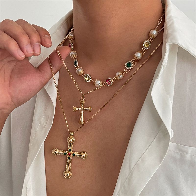 3-Piece Men's Necklace Jewelry Set - Stylish 3-Layer Stackable Diamond-Inset Cross Pendant Necklace  Pearl Choker Hip Hop Trendy Accessories - Premium Urban Fashion