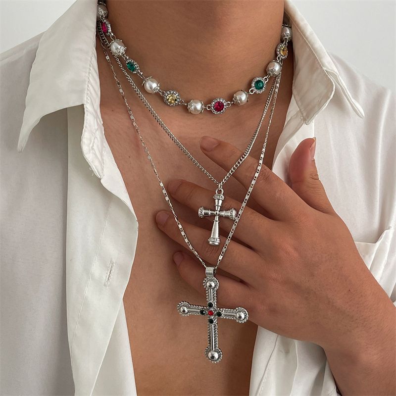 3-Piece Men's Necklace Jewelry Set - Stylish 3-Layer Stackable Diamond-Inset Cross Pendant Necklace  Pearl Choker Hip Hop Trendy Accessories - Premium Urban Fashion