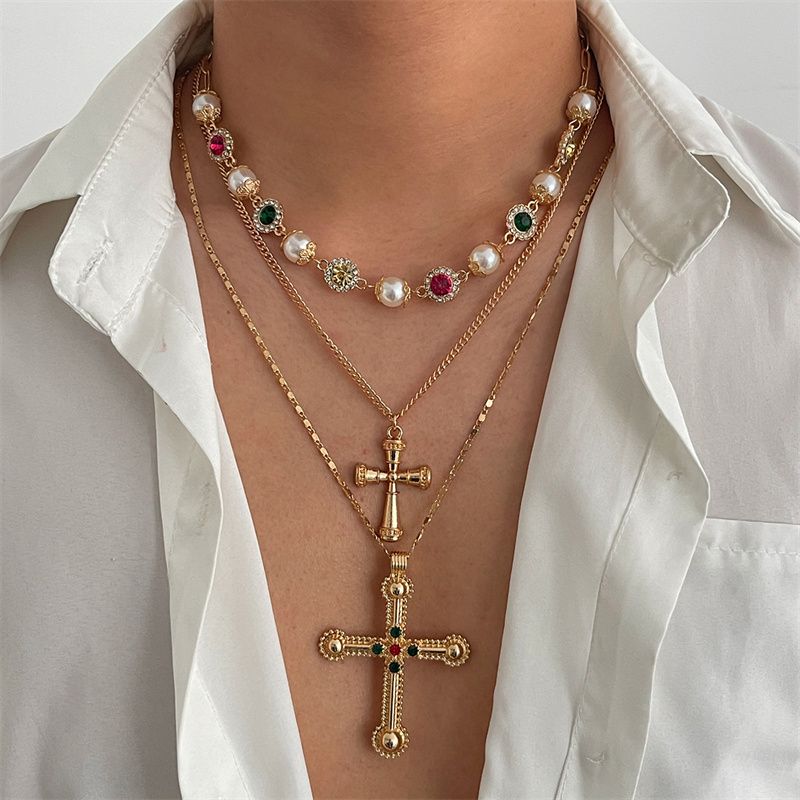 3-Piece Men's Necklace Jewelry Set - Stylish 3-Layer Stackable Diamond-Inset Cross Pendant Necklace  Pearl Choker Hip Hop Trendy Accessories - Premium Urban Fashion