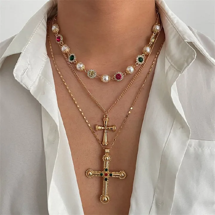 3-Piece Men's Necklace Jewelry Set - Stylish 3-Layer Stackable Diamond-Inset Cross Pendant Necklace  Pearl Choker Hip Hop Trendy Accessories - Premium Urban Fashion