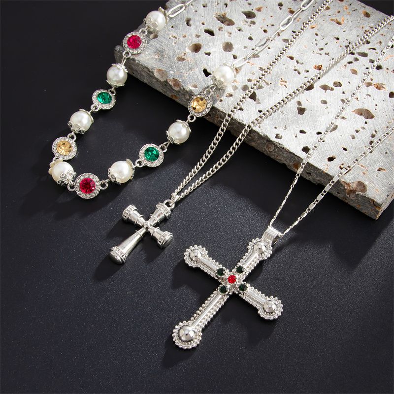 3-Piece Men's Necklace Jewelry Set - Stylish 3-Layer Stackable Diamond-Inset Cross Pendant Necklace  Pearl Choker Hip Hop Trendy Accessories - Premium Urban Fashion