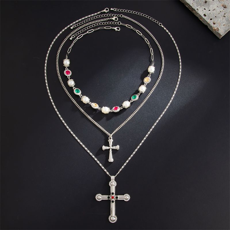 3-Piece Men's Necklace Jewelry Set - Stylish 3-Layer Stackable Diamond-Inset Cross Pendant Necklace  Pearl Choker Hip Hop Trendy Accessories - Premium Urban Fashion