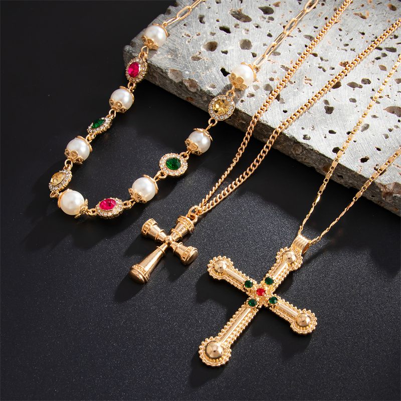 3-Piece Men's Necklace Jewelry Set - Stylish 3-Layer Stackable Diamond-Inset Cross Pendant Necklace  Pearl Choker Hip Hop Trendy Accessories - Premium Urban Fashion