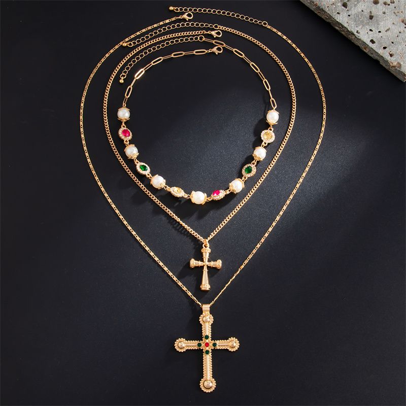 3-Piece Men's Necklace Jewelry Set - Stylish 3-Layer Stackable Diamond-Inset Cross Pendant Necklace  Pearl Choker Hip Hop Trendy Accessories - Premium Urban Fashion