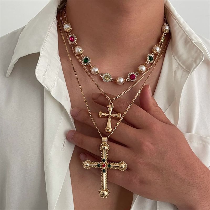 3-Piece Men's Necklace Jewelry Set - Stylish 3-Layer Stackable Diamond-Inset Cross Pendant Necklace  Pearl Choker Hip Hop Trendy Accessories - Premium Urban Fashion