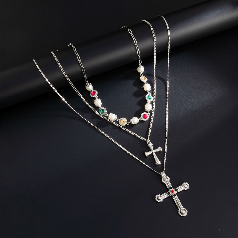 3-Piece Men's Necklace Jewelry Set - Stylish 3-Layer Stackable Diamond-Inset Cross Pendant Necklace  Pearl Choker Hip Hop Trendy Accessories - Premium Urban Fashion