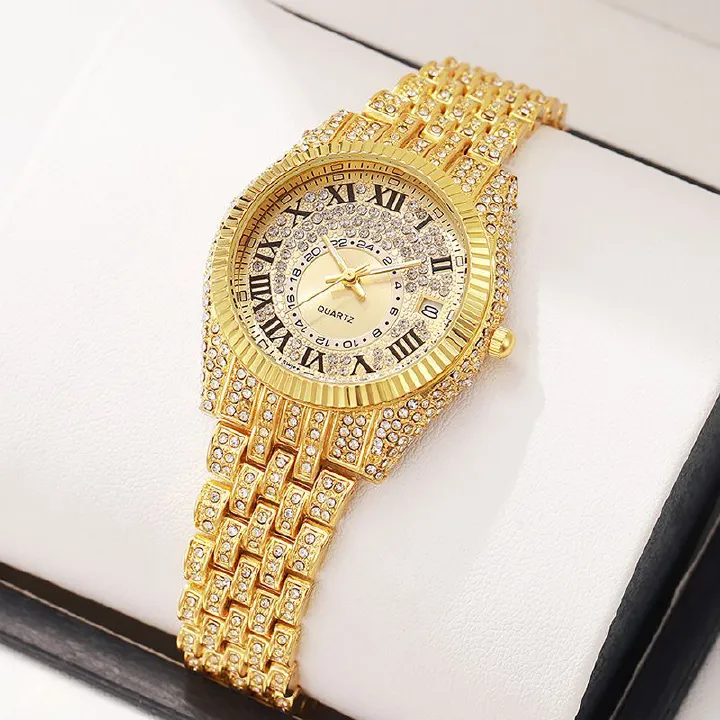 Hip-hop Fashion Women's Ice Watch | Luxury Full Diamond Calendar Steel Strap Quartz Wristwatch | Elegant Ladies' Stylish Accessory for Fashion Matching