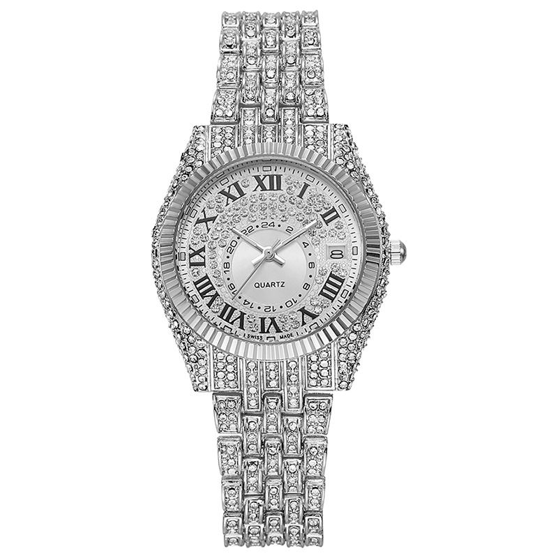 Hip-hop Fashion Women's Ice Watch | Luxury Full Diamond Calendar Steel Strap Quartz Wristwatch | Elegant Ladies' Stylish Accessory for Fashion Matching