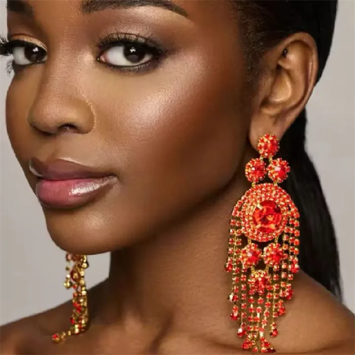 European & American Fashion Luxury Women's Rhinestone Floral Long Tassel Earrings | Bridal Jewelry Accessory | Stylish Evening Dinner Statement Piece