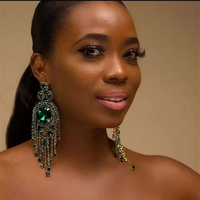European & American Fashion Luxury Women's Rhinestone Floral Long Tassel Earrings | Bridal Jewelry Accessory | Stylish Evening Dinner Statement Piece
