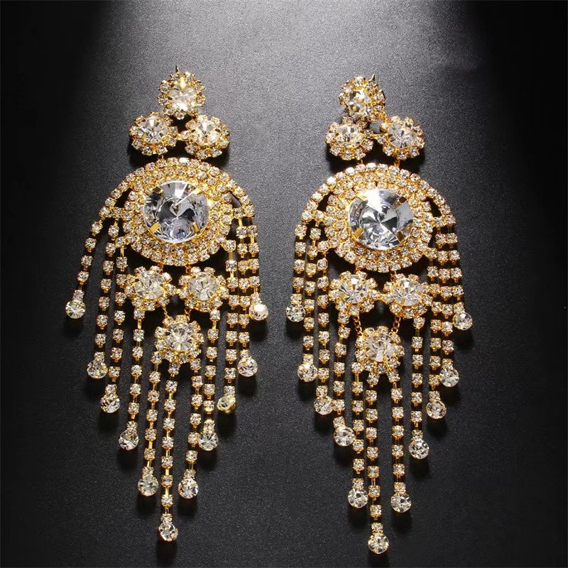 European & American Fashion Luxury Women's Rhinestone Floral Long Tassel Earrings | Bridal Jewelry Accessory | Stylish Evening Dinner Statement Piece