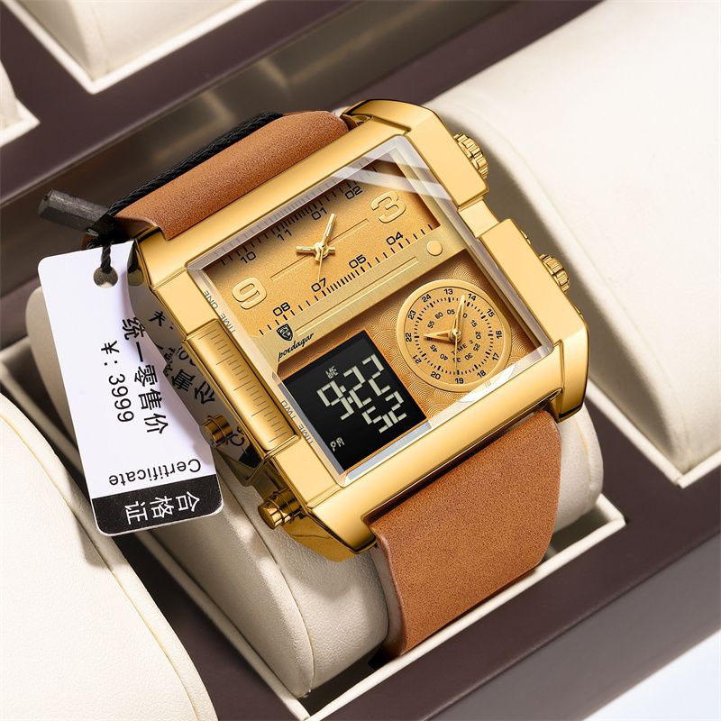 POEDAGAR Swiss Brand 2025 Swiss Quartz Chronograph - Waterproof Digital-Analog Dual Display with Luminous Calendar | Square Oversized Dial Men's Watch | Modern Professional Sports Timepiece