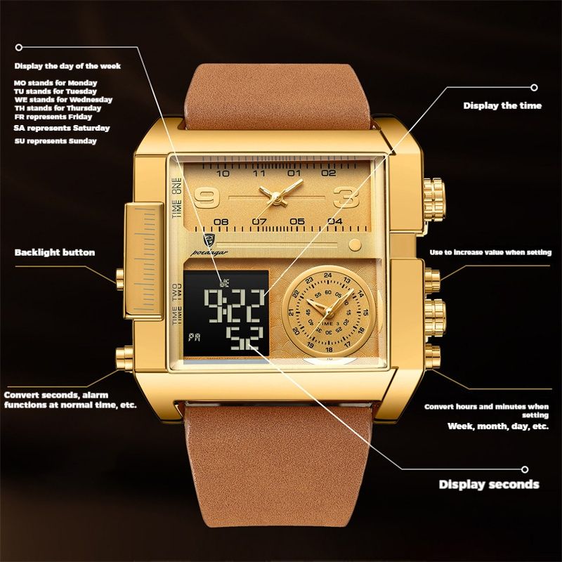 POEDAGAR Swiss Brand 2025 Swiss Quartz Chronograph - Waterproof Digital-Analog Dual Display with Luminous Calendar | Square Oversized Dial Men's Watch | Modern Professional Sports Timepiece