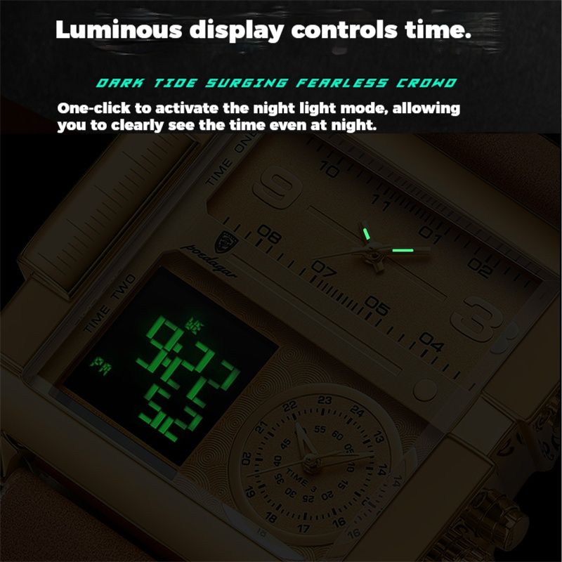 POEDAGAR Swiss Brand 2025 Swiss Quartz Chronograph - Waterproof Digital-Analog Dual Display with Luminous Calendar | Square Oversized Dial Men's Watch | Modern Professional Sports Timepiece