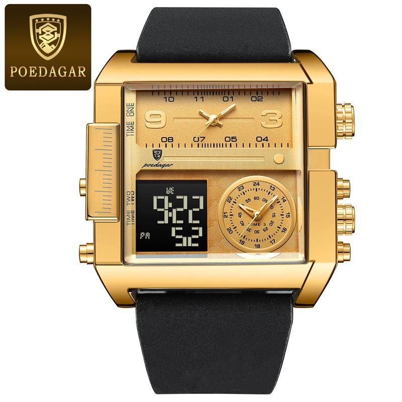POEDAGAR Swiss Brand 2025 Swiss Quartz Chronograph - Waterproof Digital-Analog Dual Display with Luminous Calendar | Square Oversized Dial Men's Watch | Modern Professional Sports Timepiece