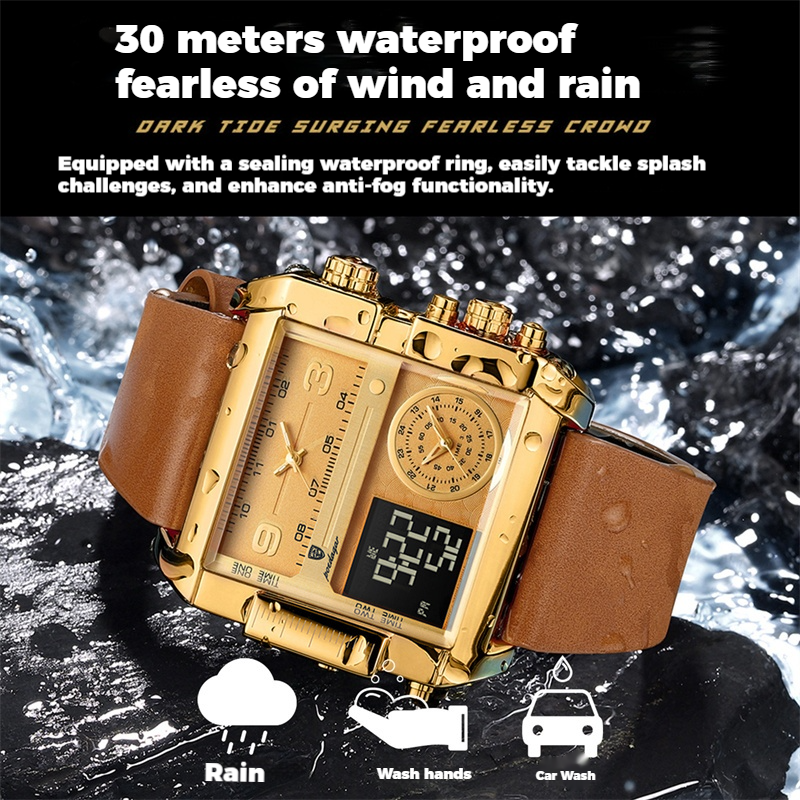 POEDAGAR Swiss Brand 2025 Swiss Quartz Chronograph - Waterproof Digital-Analog Dual Display with Luminous Calendar | Square Oversized Dial Men's Watch | Modern Professional Sports Timepiece