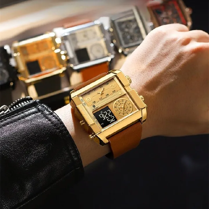 POEDAGAR Swiss Brand 2025 Swiss Quartz Chronograph - Waterproof Digital-Analog Dual Display with Luminous Calendar | Square Oversized Dial Men's Watch | Modern Professional Sports Timepiece