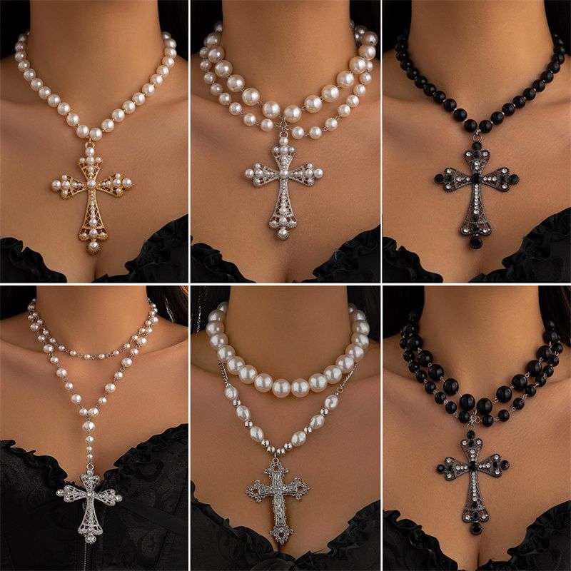 Multi-Style Cyberpunk Gothic Cross Necklace Faux Pearl Beaded Single or Multi-Layered Design Edgy Cross Pendant Punk Statement Jewelry