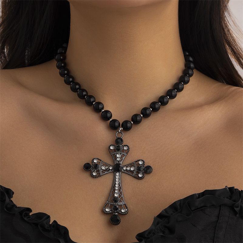 Multi-Style Cyberpunk Gothic Cross Necklace Faux Pearl Beaded Single or Multi-Layered Design Edgy Cross Pendant Punk Statement Jewelry