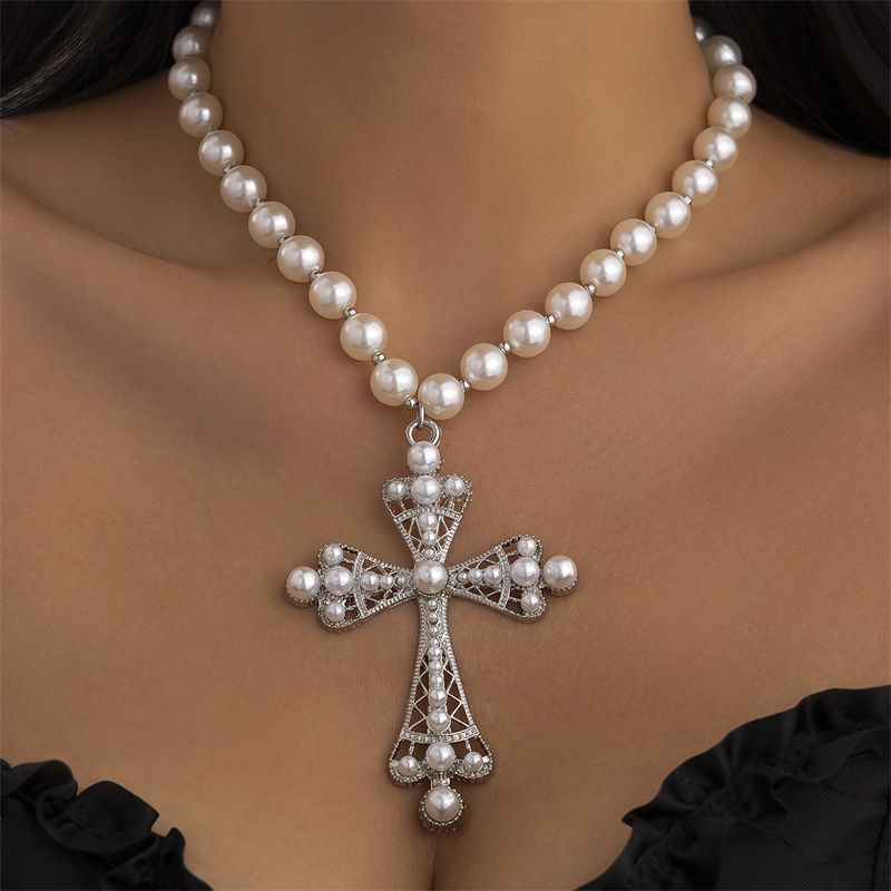 Multi-Style Cyberpunk Gothic Cross Necklace Faux Pearl Beaded Single or Multi-Layered Design Edgy Cross Pendant Punk Statement Jewelry