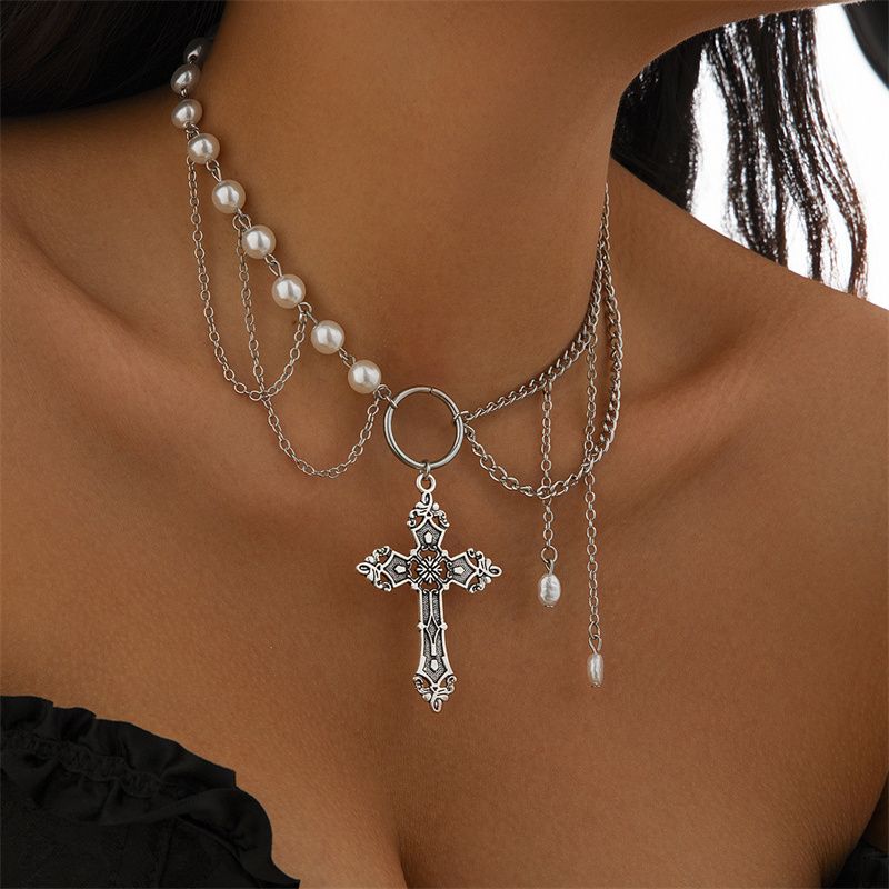 Multi-Style Cyberpunk Gothic Cross Necklace Faux Pearl Beaded Single or Multi-Layered Design Edgy Cross Pendant Punk Statement Jewelry
