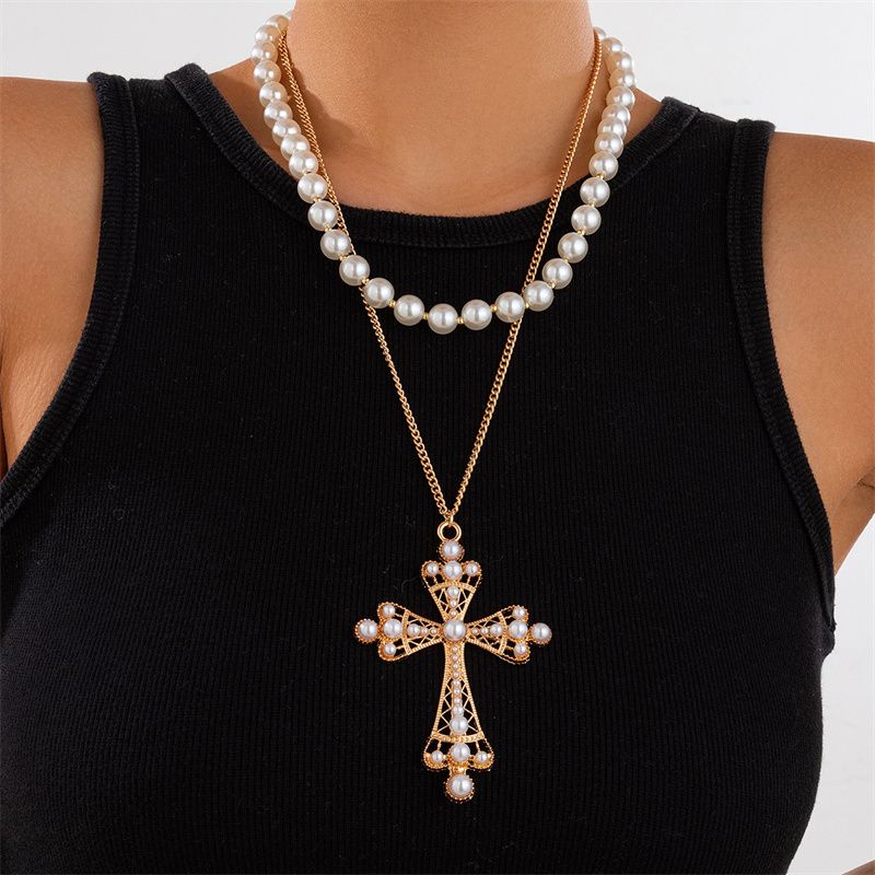Multi-Style Cyberpunk Gothic Cross Necklace Faux Pearl Beaded Single or Multi-Layered Design Edgy Cross Pendant Punk Statement Jewelry