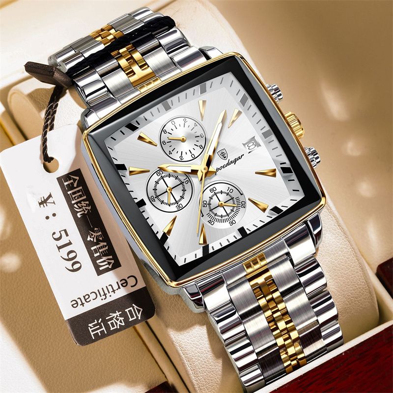 POEDAGAR Swiss Brand Premium Men's Two-Tone Square Dial Chronograph Watch Stainless Steel Band Waterproof Calendar Luminous Stylish Business Casual Quartz Watch