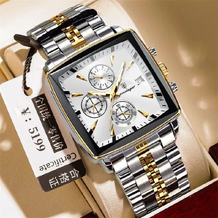 POEDAGAR Swiss Brand Premium Men's Two-Tone Square Dial Chronograph Watch Stainless Steel Band Waterproof Calendar Luminous Stylish Business Casual Quartz Watch