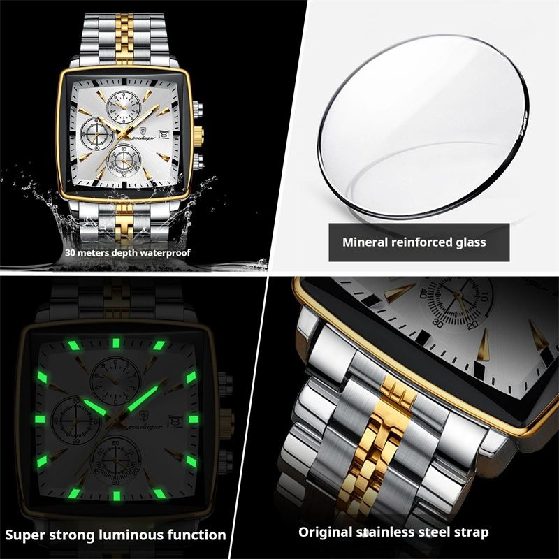 POEDAGAR Swiss Brand Premium Men's Two-Tone Square Dial Chronograph Watch Stainless Steel Band Waterproof Calendar Luminous Stylish Business Casual Quartz Watch