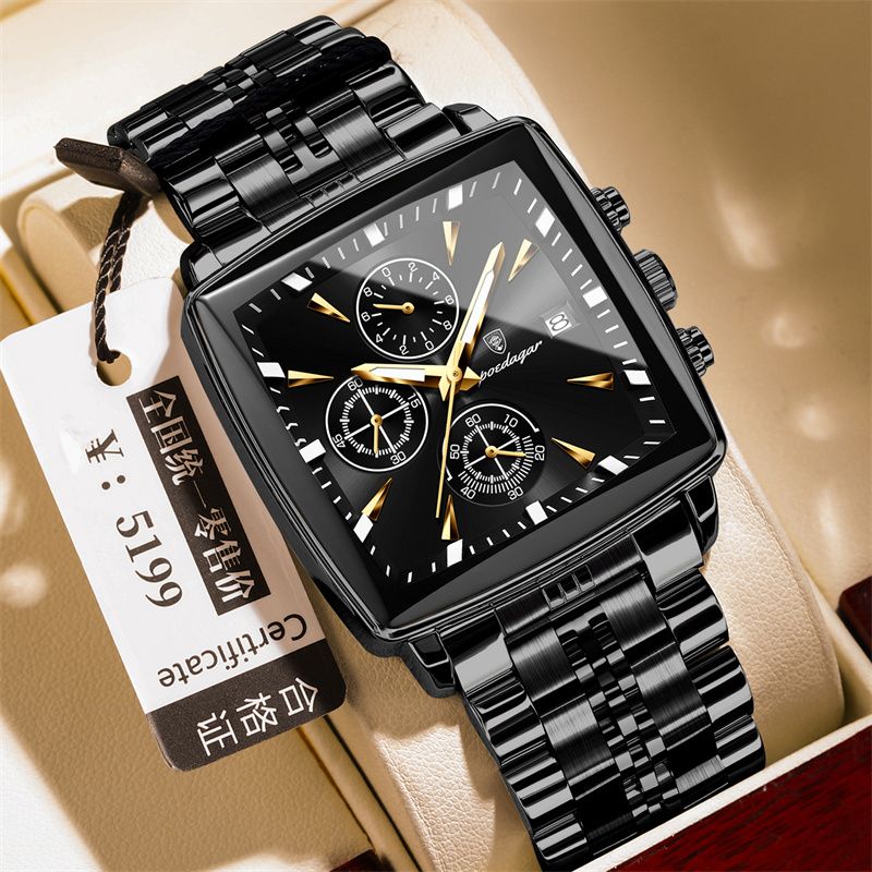 POEDAGAR Swiss Brand Premium Men's Two-Tone Square Dial Chronograph Watch Stainless Steel Band Waterproof Calendar Luminous Stylish Business Casual Quartz Watch