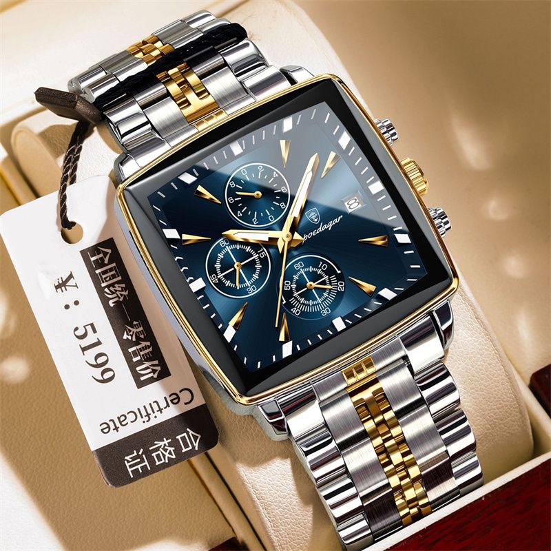 POEDAGAR Swiss Brand Premium Men's Two-Tone Square Dial Chronograph Watch Stainless Steel Band Waterproof Calendar Luminous Stylish Business Casual Quartz Watch