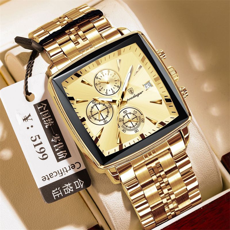 POEDAGAR Swiss Brand Premium Men's Two-Tone Square Dial Chronograph Watch Stainless Steel Band Waterproof Calendar Luminous Stylish Business Casual Quartz Watch