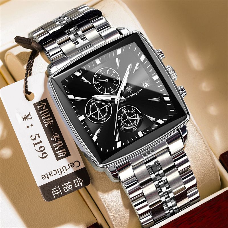 POEDAGAR Swiss Brand Premium Men's Two-Tone Square Dial Chronograph Watch Stainless Steel Band Waterproof Calendar Luminous Stylish Business Casual Quartz Watch