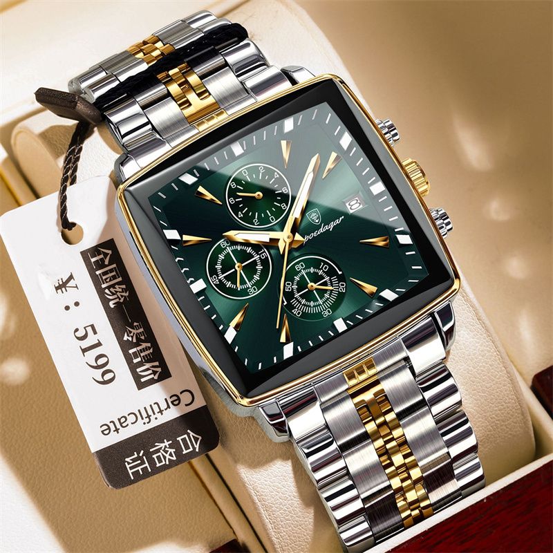 POEDAGAR Swiss Brand Premium Men's Two-Tone Square Dial Chronograph Watch Stainless Steel Band Waterproof Calendar Luminous Stylish Business Casual Quartz Watch