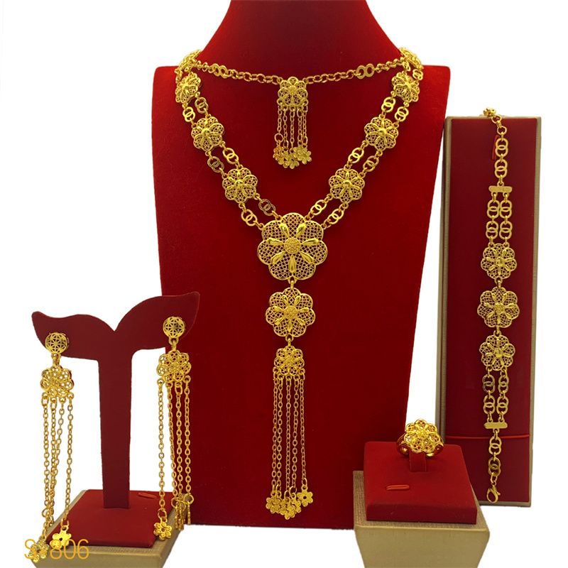 4-Piece New Style Luxury 24K Gold-Plated Bridal Jewelry Set - Stylish Necklace Earrings Bracelet & Ring