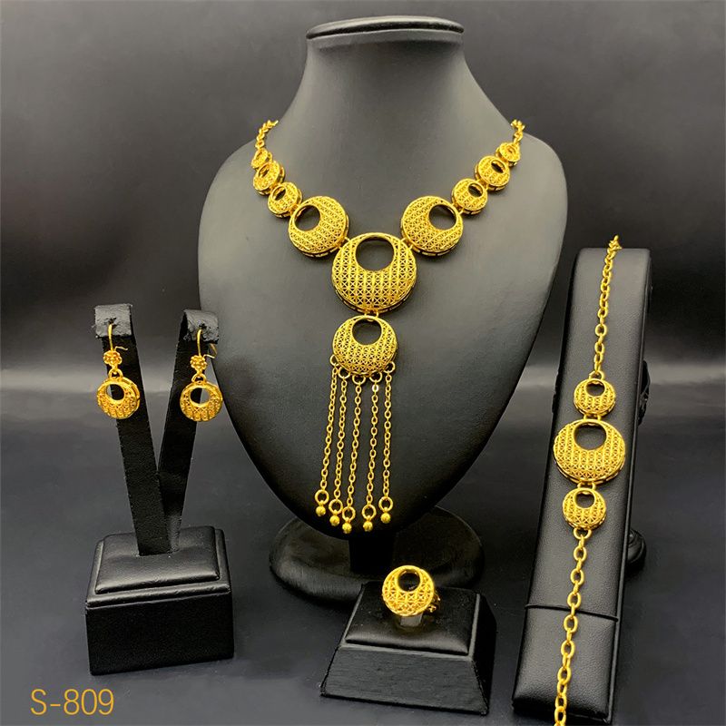 4-Piece New Style Luxury 24K Gold-Plated Bridal Jewelry Set - Stylish Necklace Earrings Bracelet & Ring
