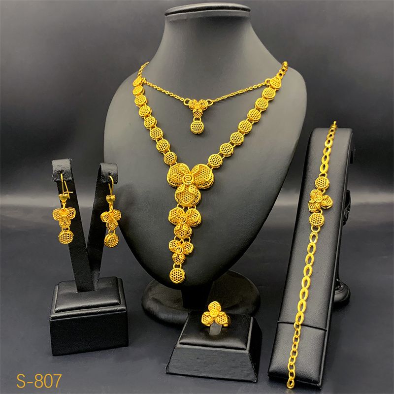 4-Piece New Style Luxury 24K Gold-Plated Bridal Jewelry Set - Stylish Necklace Earrings Bracelet & Ring