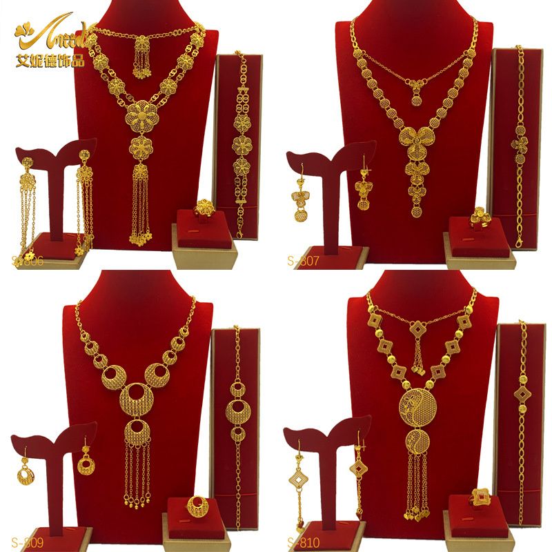 4-Piece New Style Luxury 24K Gold-Plated Bridal Jewelry Set - Stylish Necklace Earrings Bracelet & Ring