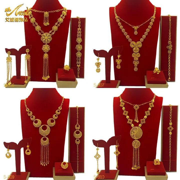 4-Piece New Style Luxury 24K Gold-Plated Bridal Jewelry Set - Stylish Necklace Earrings Bracelet & Ring