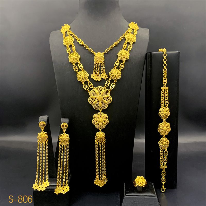 4-Piece New Style Luxury 24K Gold-Plated Bridal Jewelry Set - Stylish Necklace Earrings Bracelet & Ring